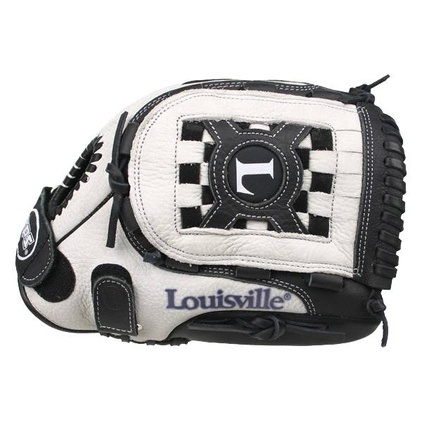 Side view of a white and black Louisville Slugger glove with a checkered pattern and an L logo.