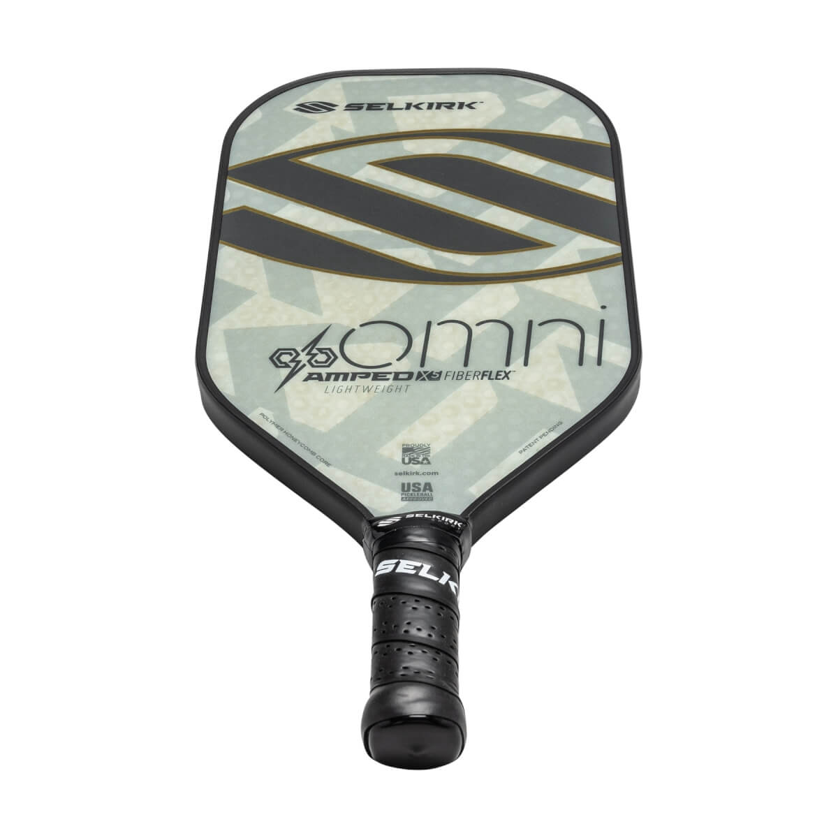 Top-down view of a light green pickleball paddle with black stripes, OMNI text, and a black grip.