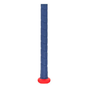 Close-up of a blue baseball bat handle with a spirally wrapped grip and a red knob.