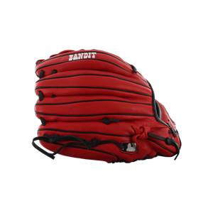 Side view of a red baseball glove with black lacing and BANDIT text.
