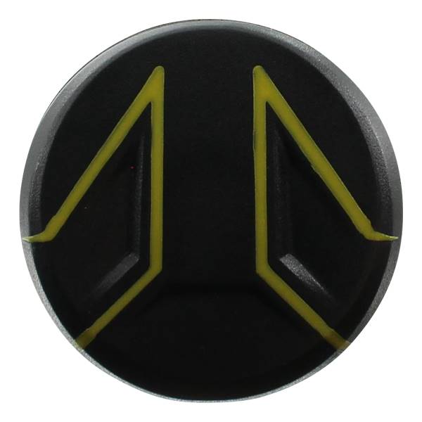 Top-down view of a black baseball bat end cap with yellow geometric accents.