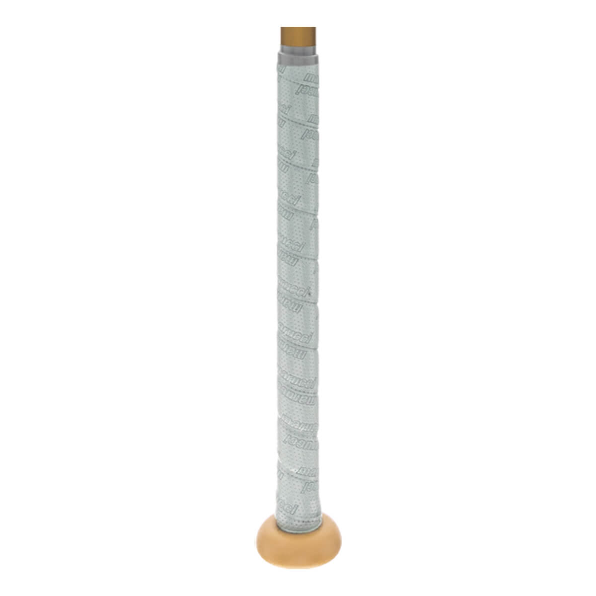 Close-up of a white bat grip with repeating Marucci branding and a tan knob.