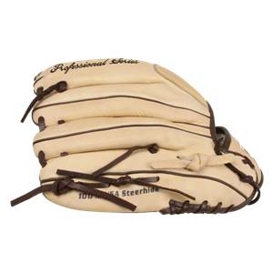 Side view of a tan baseball glove with Professional Series and 100% USA Steerhide text.
