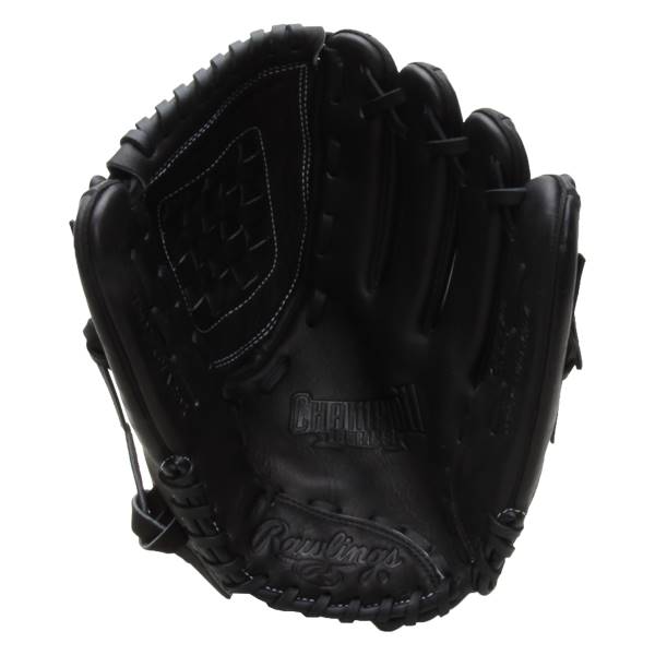 Front view of a black fastpitch glove with Rawlings and Championship branding.
