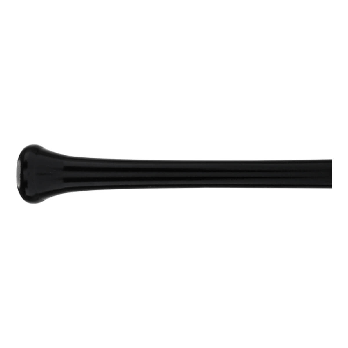 Side view of a black baseball bat with a flared knob and ribbed handle.