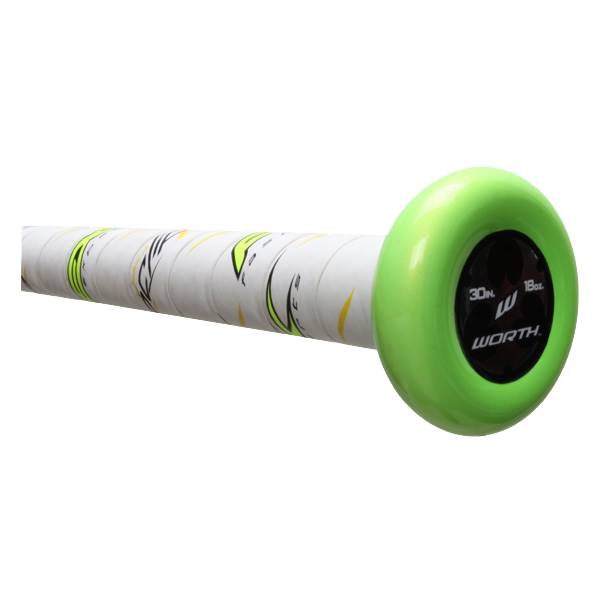 End cap view of a green softball bat with WORTH logo and 30oz 18oz text.