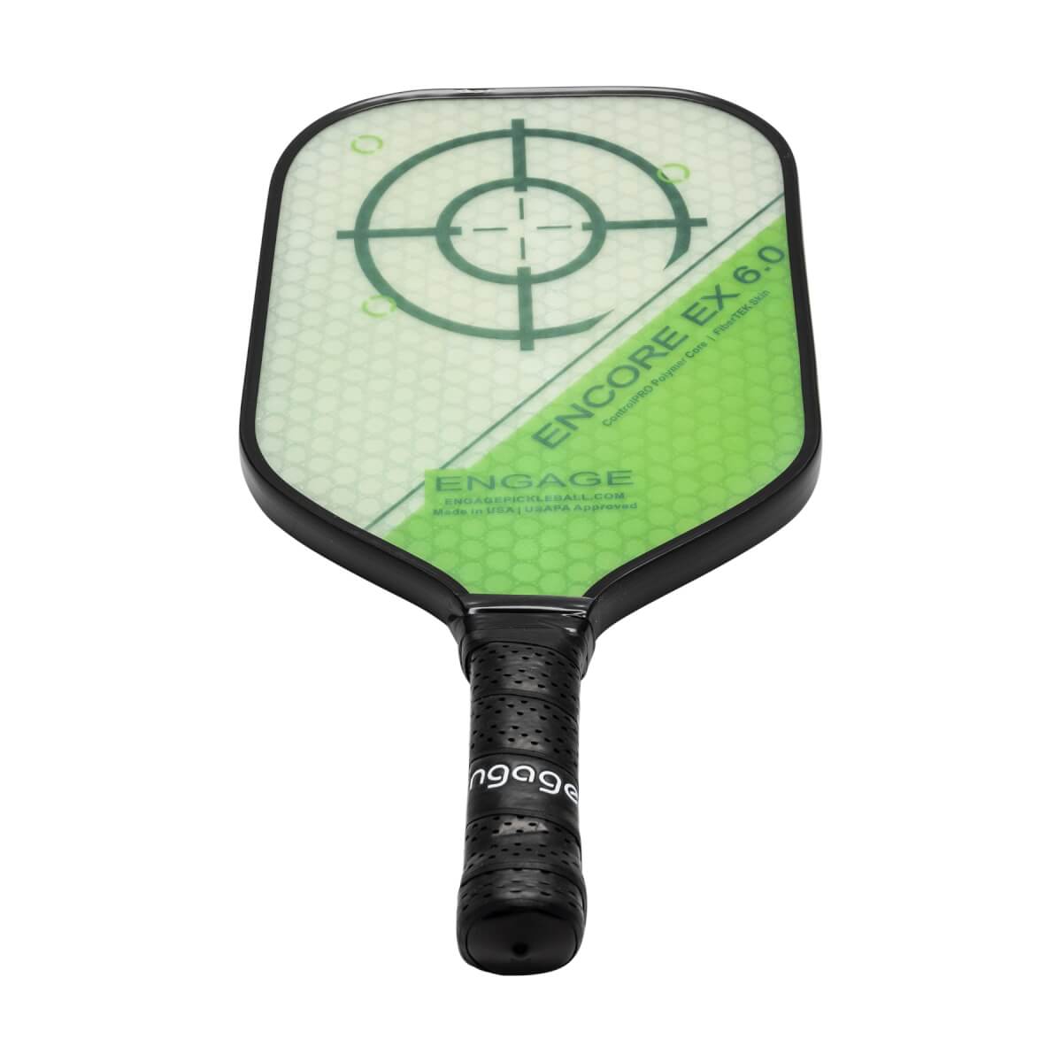 Top-down view of a green pickleball paddle with a target design and Encore EX 6.0 text.