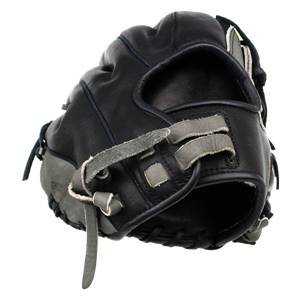 Side view of a black baseball glove with gray accents and adjustable strap.