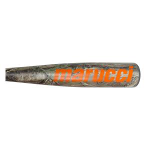 Side view of a camouflage baseball bat with orange marucci text.