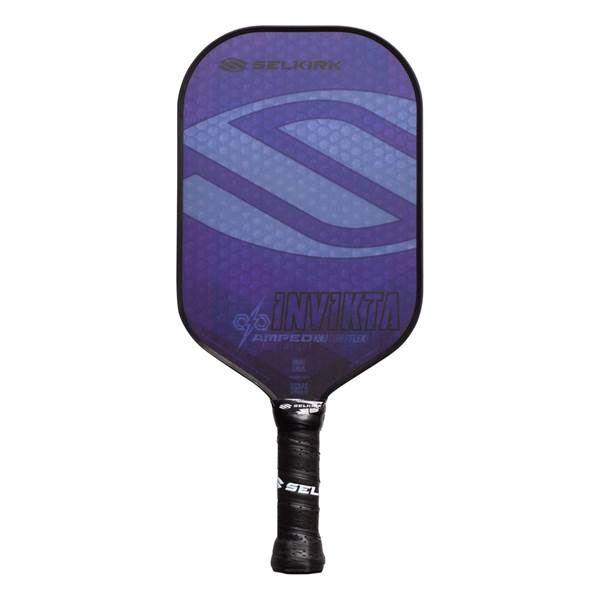 Front view of a purple pickleball paddle with Selkirk branding, Invikta text, and a textured grip.