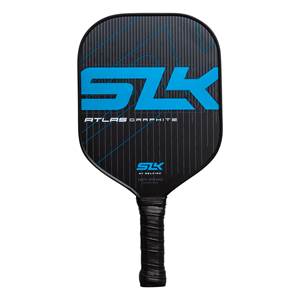 Front view of a black pickleball paddle with blue SLK logo and ATLAS GRAPHITE text.