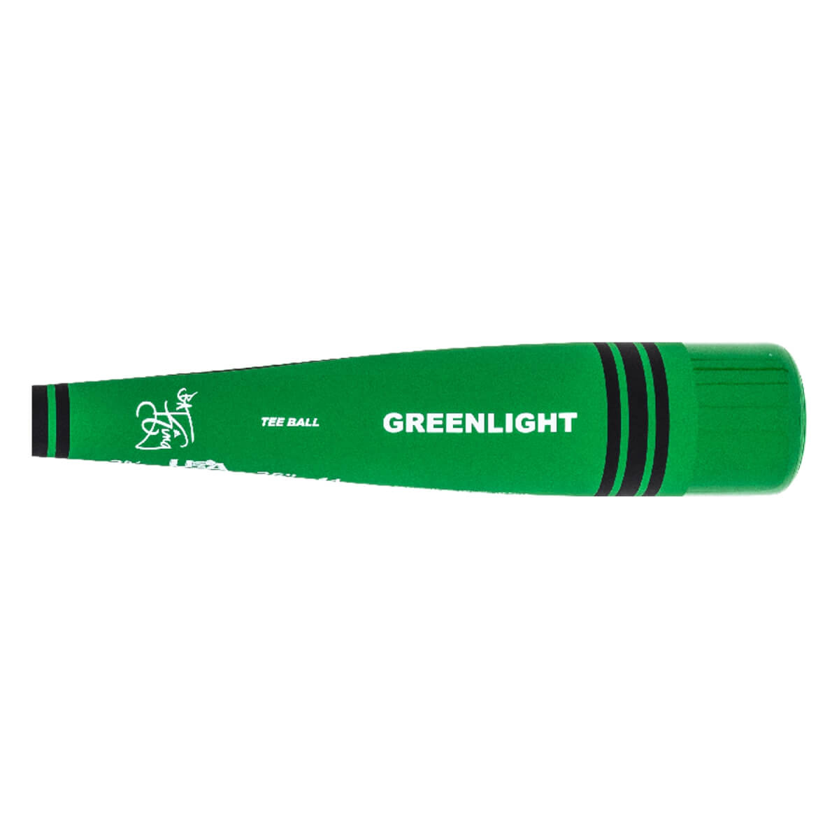 Side view of a green tee ball bat with GREENLIGHT and a logo.