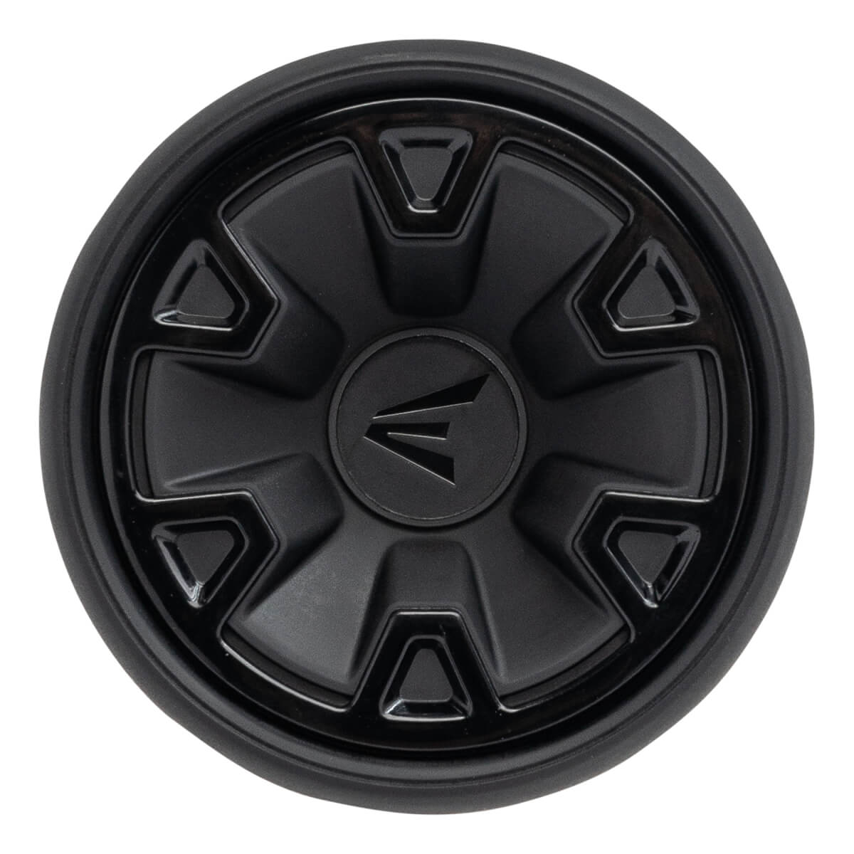 Top-down view of a black baseball bat end cap with the Easton logo and geometric patterns.