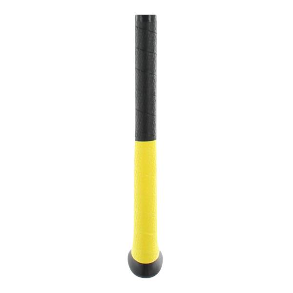 Close-up of a black and yellow baseball bat with a textured grip and rounded end.