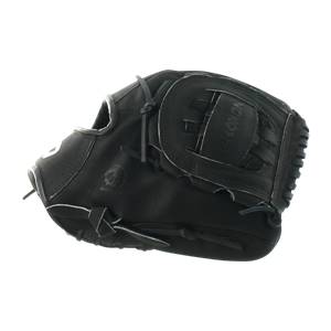 Side view of a black baseball glove with white stitching and NOKONA embossed on the wrist strap.