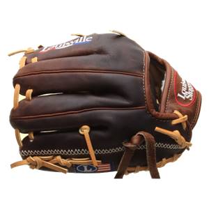 Side view of a brown Louisville Slugger baseball glove with tan lacing and Louisville text.