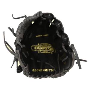 Inside view of a black baseball glove with gold GLOVESMITH and CHAMPION branding.