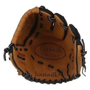 Inside view of a brown Louisville Slugger baseball glove with black lacing and Louisville Slugger branding.