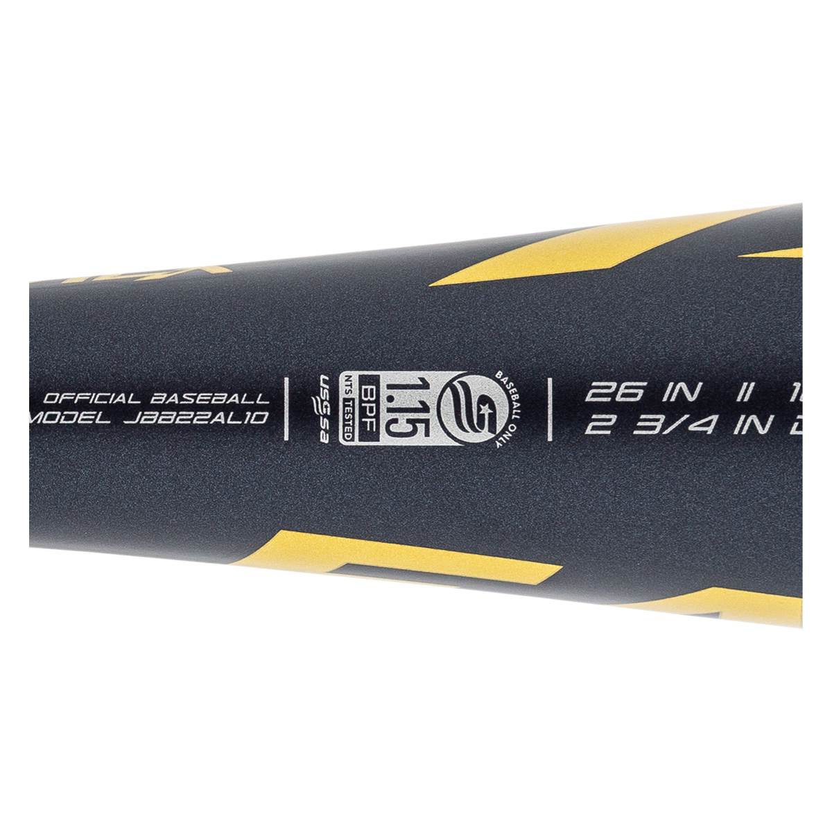 Side view of a dark gray baseball bat with yellow accents, showing USSSA BPF 1.15 certification and size markings.
