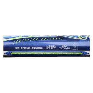 Side view of a blue fastpitch softball bat with X-TENDED SWEETSPOT TECHNOLOGY and USSSA/NSA approval logos.