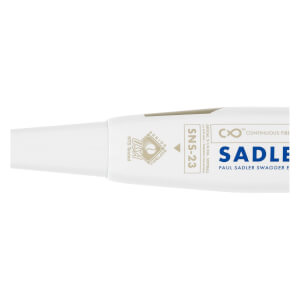 Close-up of a white softball bat with blue SADLE text, SNS-23 marking, and a gold USA Senior Softball logo.