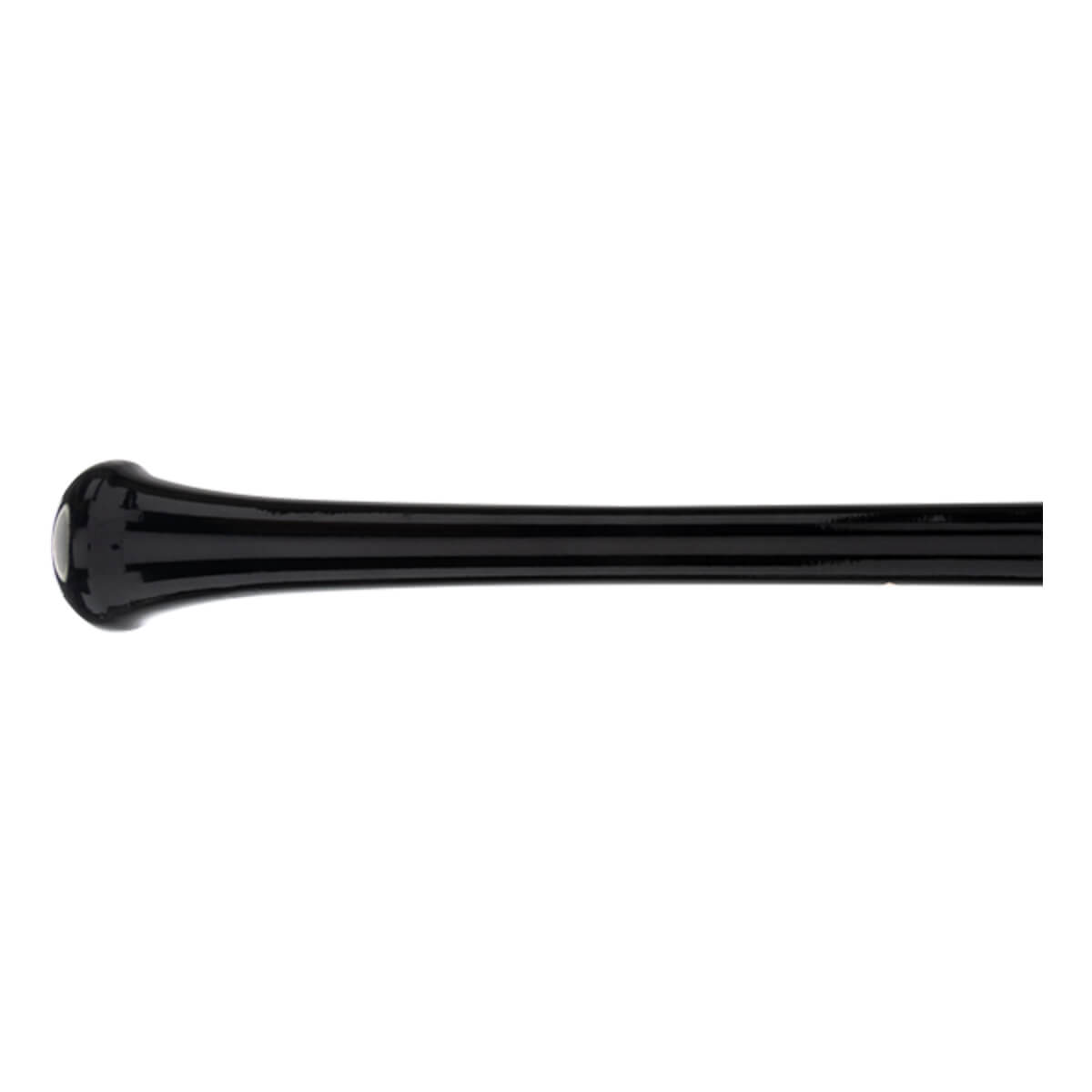 Side view of a glossy black baseball bat showing the knob, tapered handle, and part of the barrel.