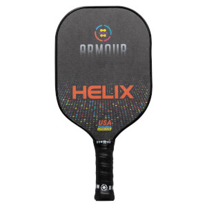 Front view of a black Armour HELIX pickleball paddle with colorful dots and USA Pickleball Approved logo.