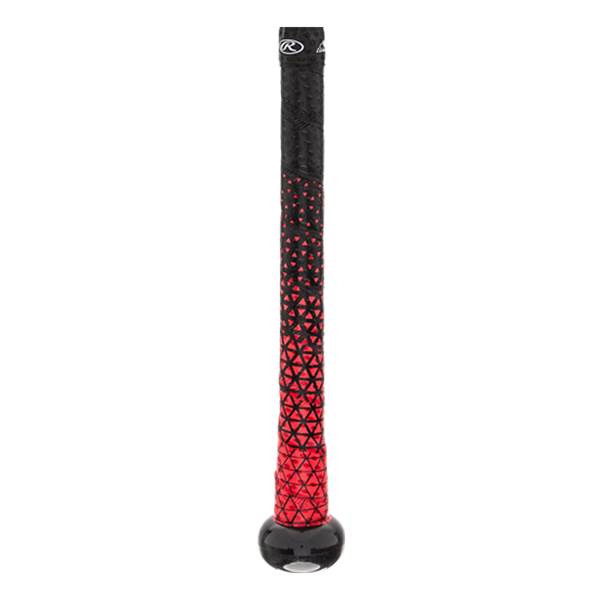 Close-up of a black and red baseball bat grip with a geometric pattern and Rawlings logo.