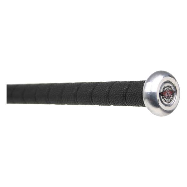 Side view of a black fastpitch softball bat with a textured grip and silver end cap with red logo.