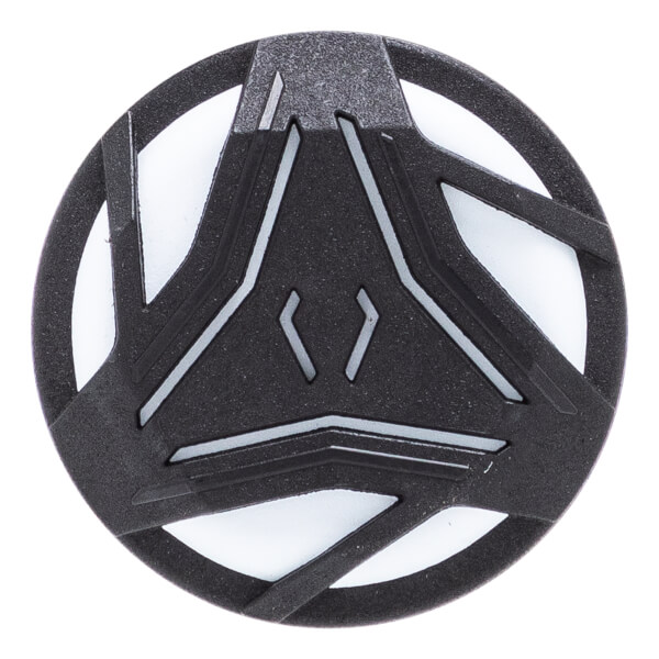 Top-down view of a black bat end cap with a geometric triangular design and textured surface.