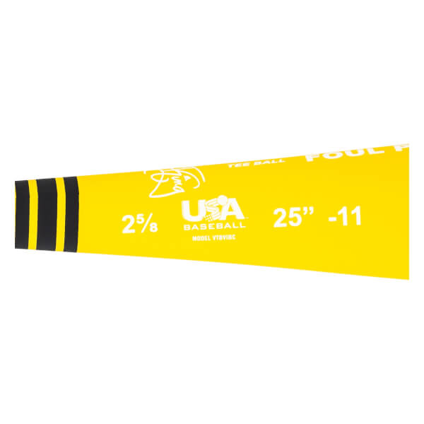 Side view of a yellow baseball bat with black stripes, USA Baseball logo, and 25 -11 text.