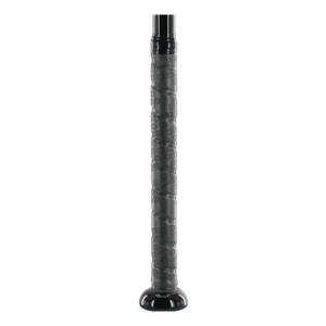 Close-up of a black baseball bat grip with a textured pattern and black end cap.