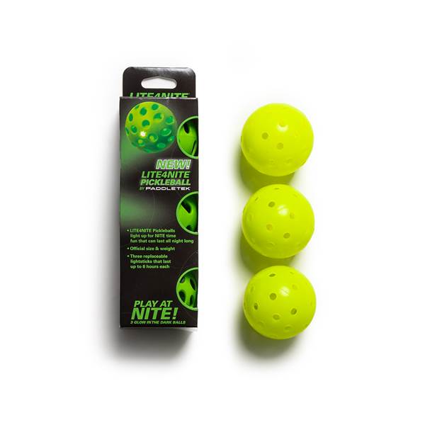 Side view of a green box with LITE4NITE PICKLEBALL and three yellow pickleballs.