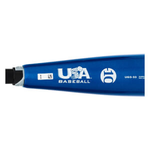 Close-up of a blue baseball bat showing the white USA Baseball logo, a -10 drop weight, and a small QR code.
