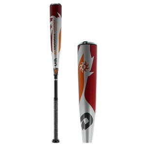 Side view of a red and silver baseball bat with orange flame graphics and USA BASEBALL text.