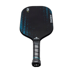 Front view of a black Diadem A52 pickleball paddle with blue speckle accents and a black grip.