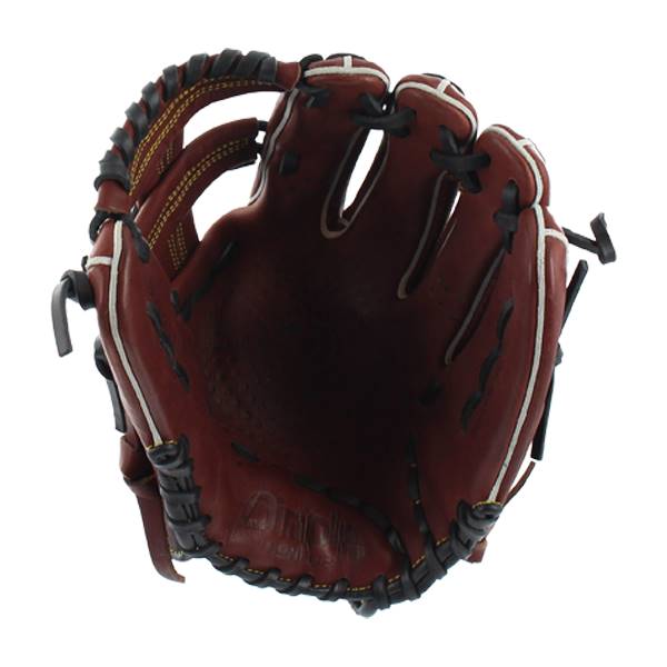 Interior view of a brown baseball glove with white piping and black lacing.
