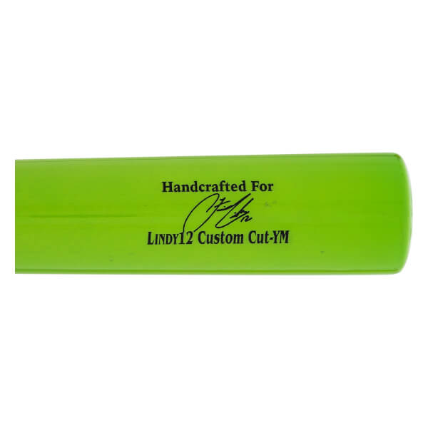Close-up of a bright green baseball bat barrel with Handcrafted For, a signature, and LINDY12 Custom Cut-YM text.