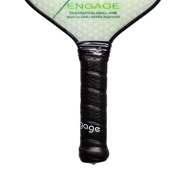 Top-down view of a black pickleball paddle grip with white engage text and textured surface.