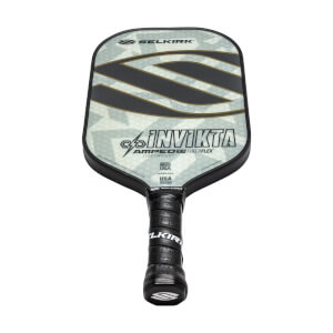 Front view of a gray pickleball paddle with black stripes, INVIKTA text, and a black grip.