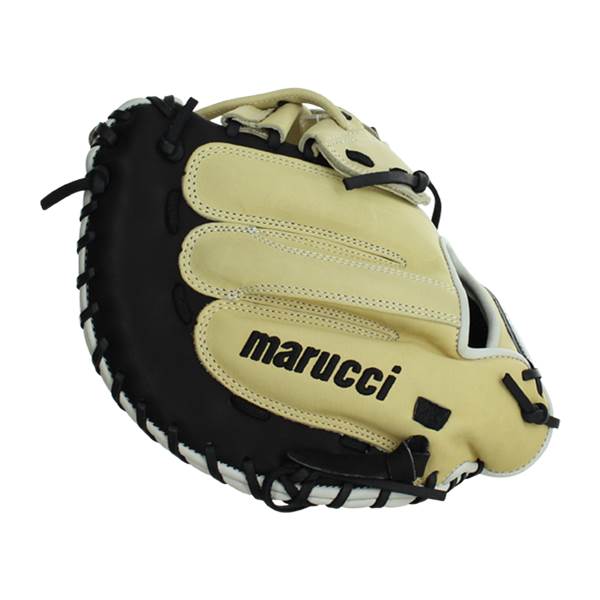 Front view of a tan and black catchers mitt with marucci text and white lacing.