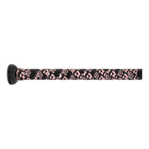 Side view of a black bat handle with a pink repeating pattern grip and a black knob.