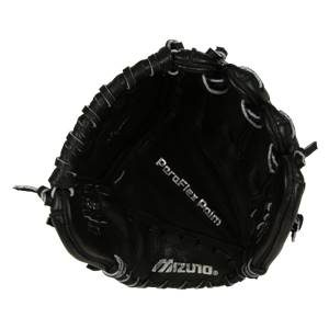Top-down view of a black baseball glove with ParaFlex Palm and Mizuno branding.