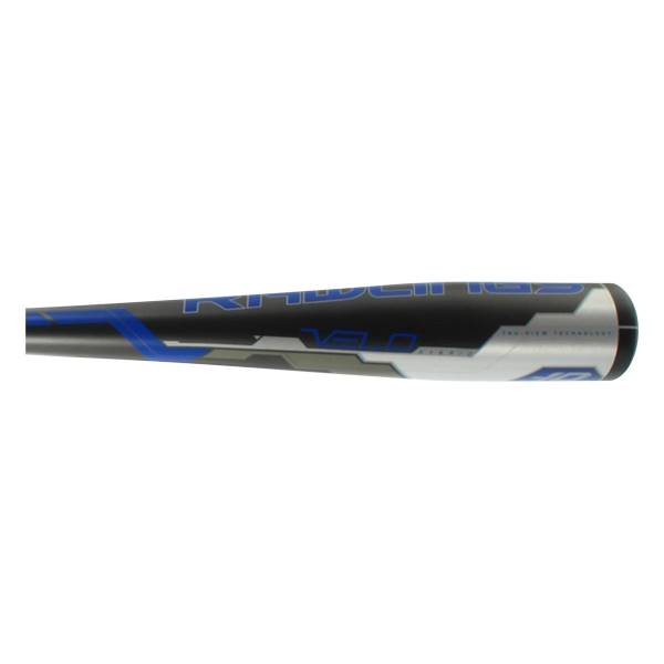 Side view of a black baseball bat with blue and silver accents and VELO text.