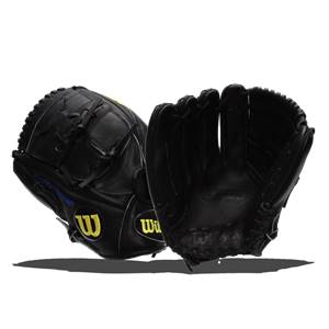Front view of a black Wilson A2000 glove with yellow W logo and CLAYTON KERSHAW text.