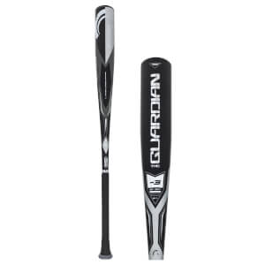 Full-length and close-up front views of a black and grey baseball bat with a textured grip and bold "STINGER" and "THE GUARDIAN" text.