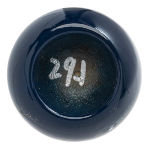 Top-down view of a blue baseball bat with 291 stamped on the end.