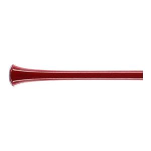 Side view of a red baseball bat with a flared knob and smooth barrel.