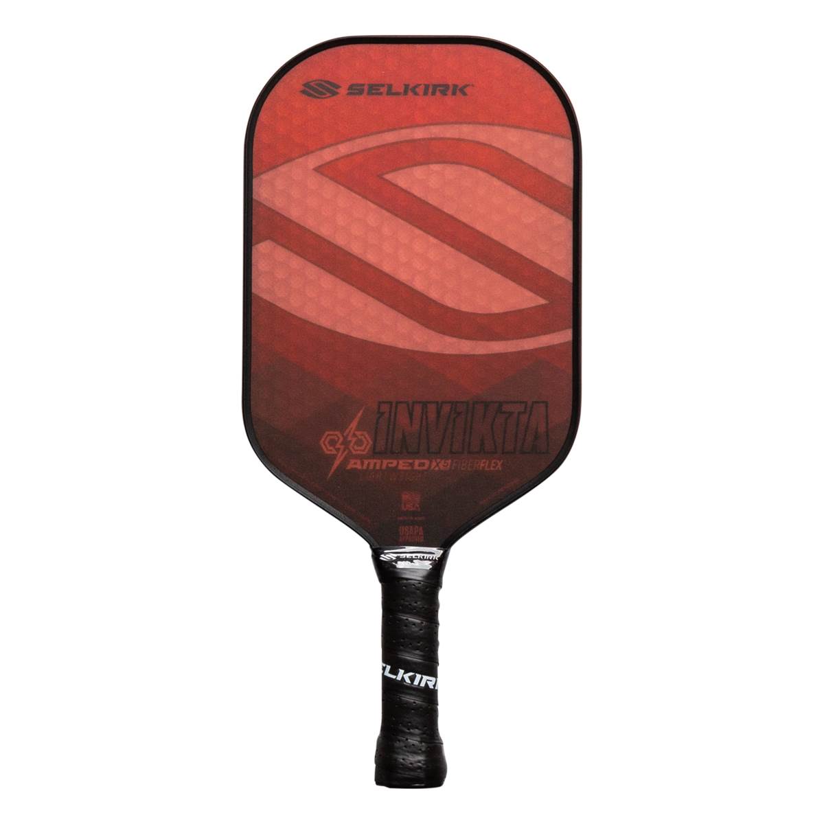 Front view of a red Selkirk Invikta pickleball paddle with a large S graphic and black grip.