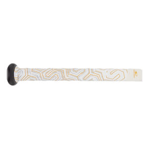 Side view of a white baseball bat with a black end cap and gold and gray geometric pattern on the grip.